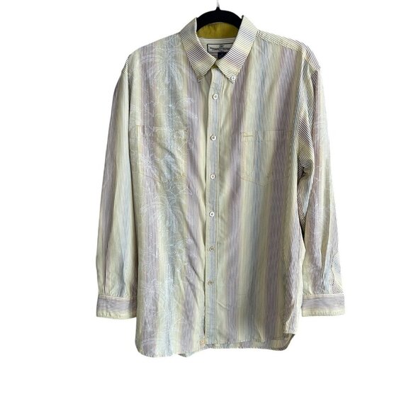 Tommy Bahama Gold 100% Silk Stripe Palm Tree Motif Long Sleeve Shirt Size L - Picture 2 of 13
